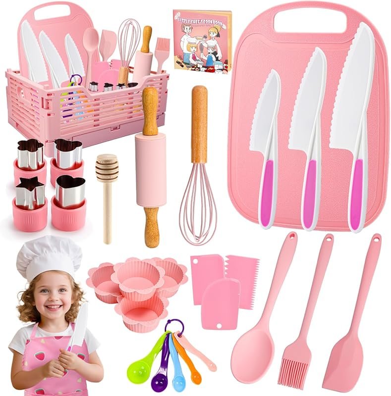 Kids Baking Cooking Set Real with Apron, Knife, Basket, Food-Grade Mon