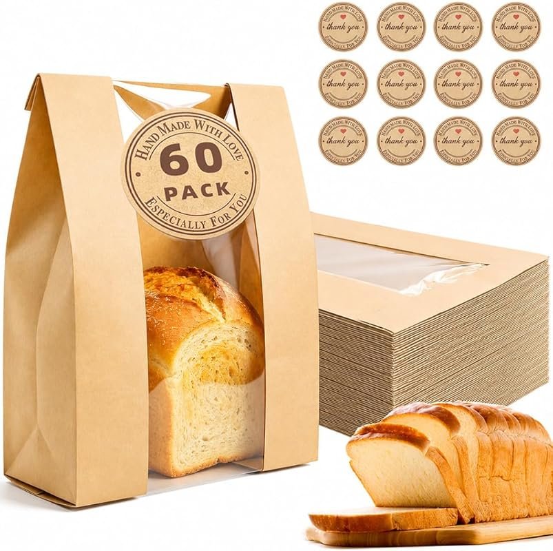 Homrelaxy 60 Paper Bread Bags 13.7x8.3x3.5 Inches Brown Kraft Window