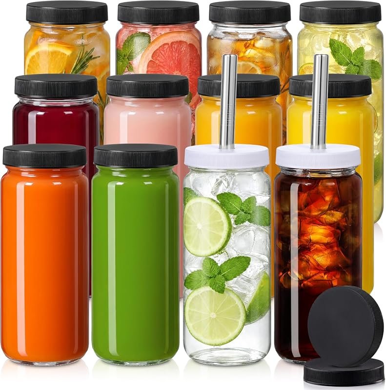 12 Pack 16oz Glass Juice Bottles with 12 Airtight Lids, 2 Straw Lids, 