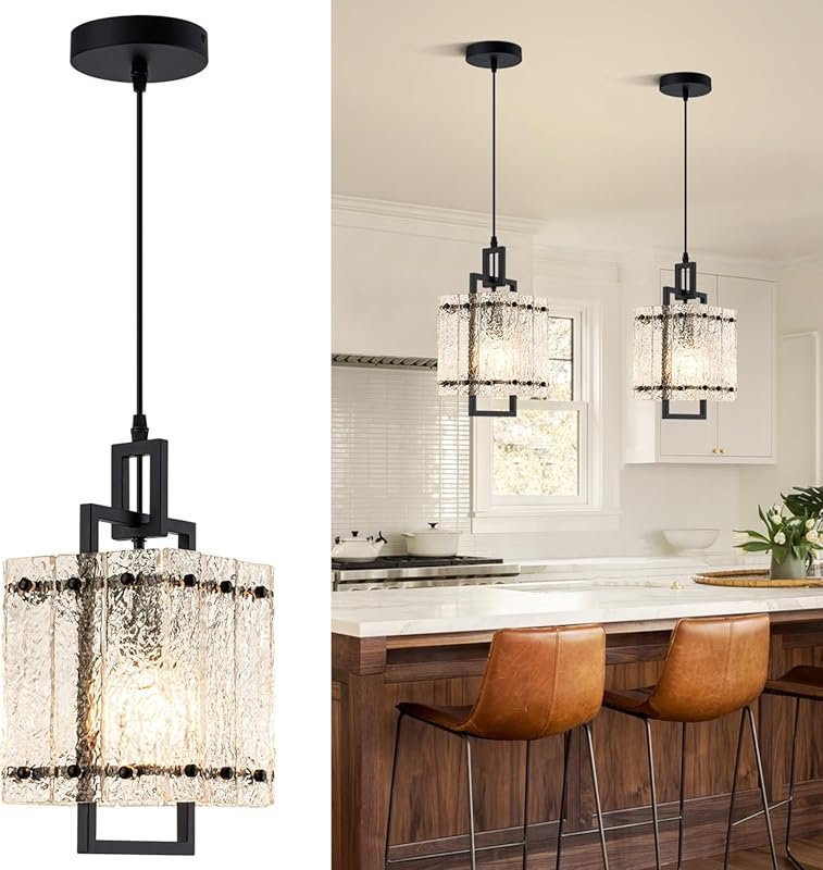 Black Glass Pendant Lights Kitchen Island - Modern Water Ripple Glass 