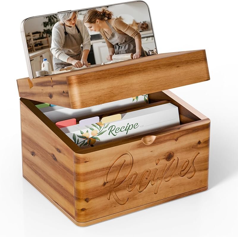 Tidita Acacia Recipe Box with Dual Slot, 100 Cards, 8 Dividers, Smartp
