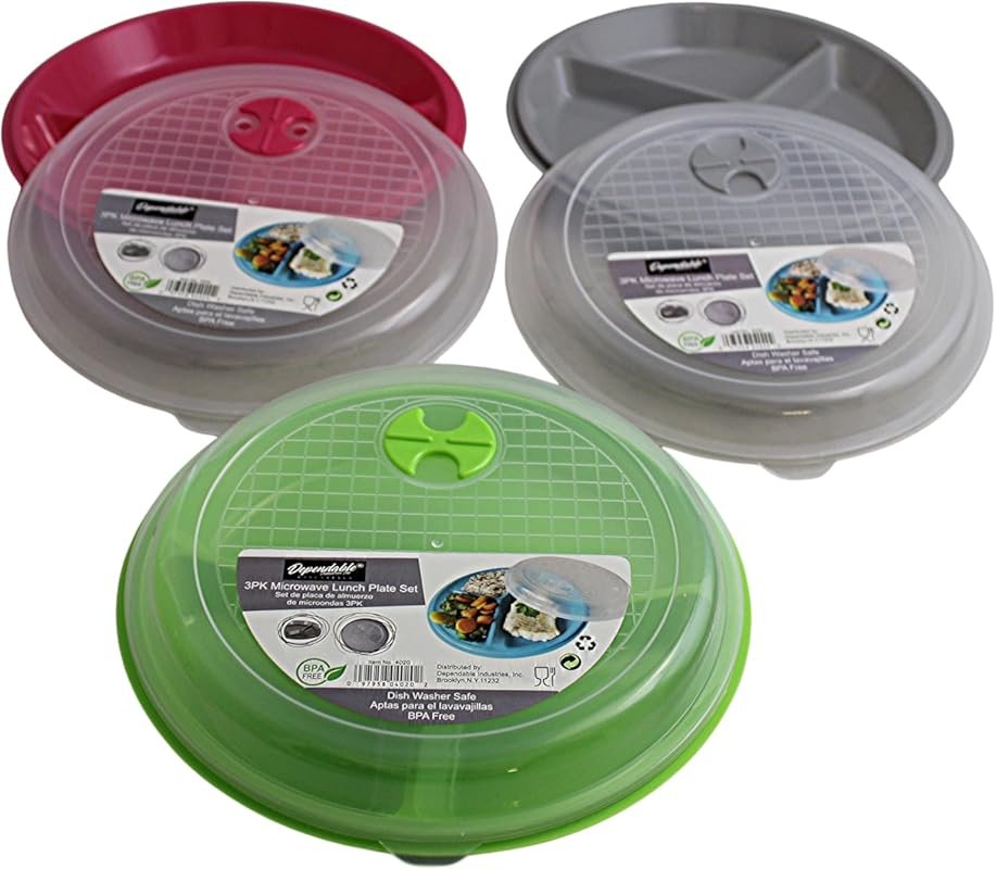3-Pack Divided Microwave Plates with Vented Lids - BPA-Free, Portion C