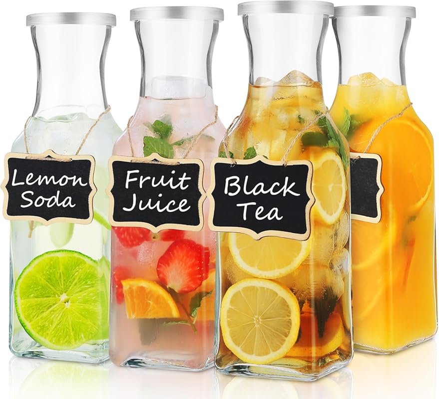 Glass Carafe with Lid, 4 Pack Square 1 Liter Clear Glass Pitcher Dispe