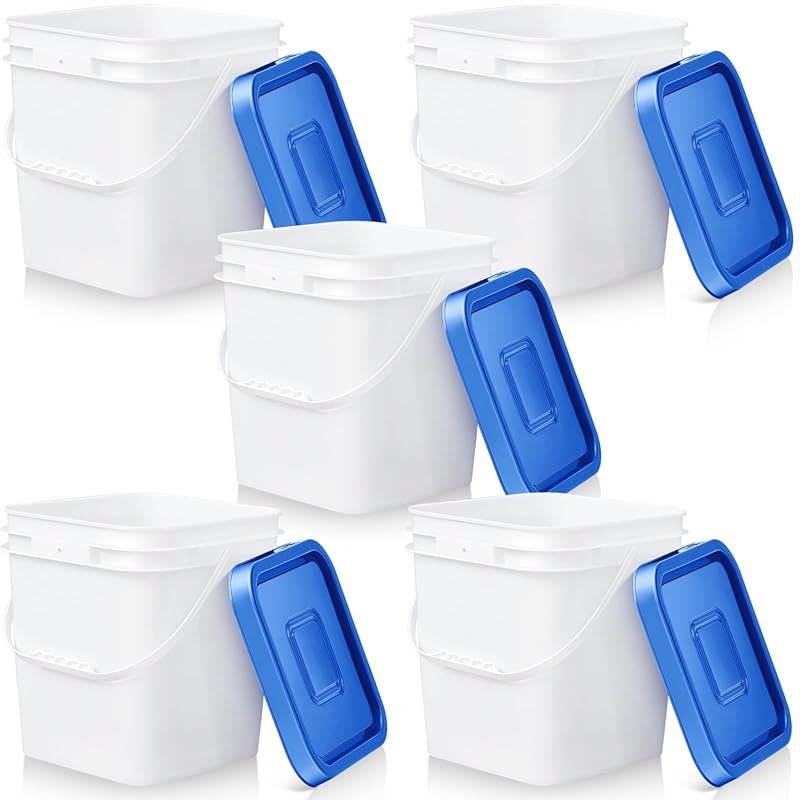Mumufy 5 Pcs 3.5 Gallon Square Food Grade Bucket with Lid, Plastic Han