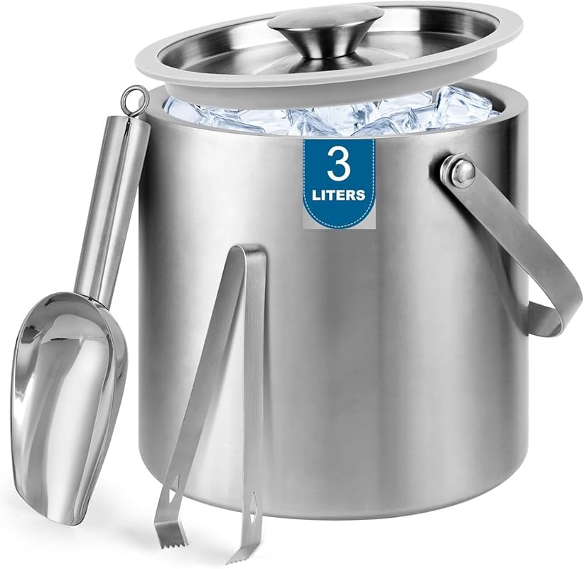 Portable 3 Liter Double Wall Stainless Steel Ice Bucket with Lid Scoop