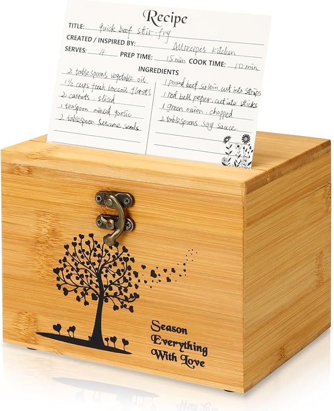 CypherX Bamboo Recipe Box with 50 Blank 4x6 Cards, Organizer Set for H