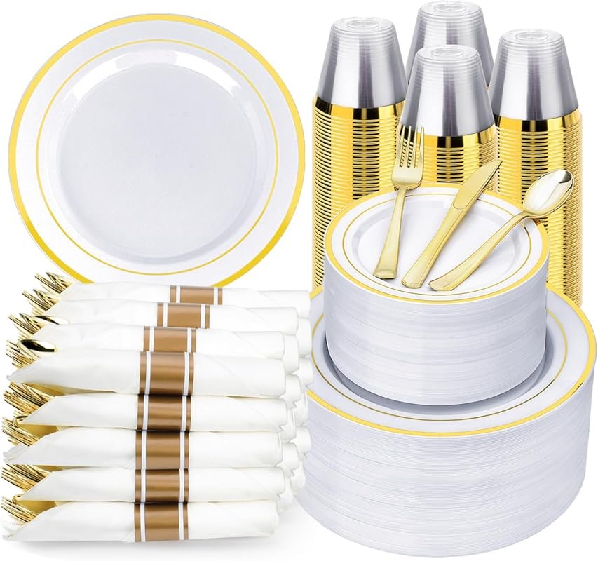 BESTVIP 700-Piece Gold Plastic Dinnerware Set for 100 Guests – Pre-Rol