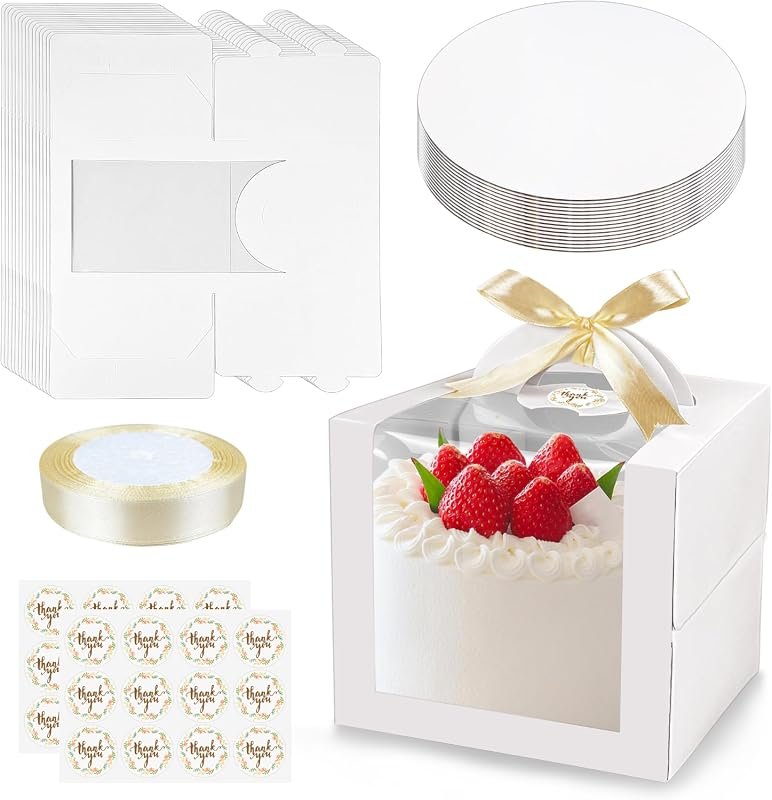 MUMULULU 15 Pack 6x6x6 Inch White Cake Boxes with Handles, Boards, Rib