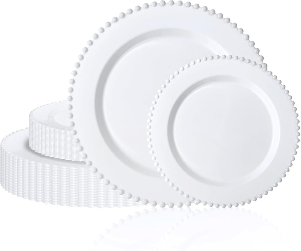 U-QE 60-Piece White Plastic Plates with Fancy Beaded Design, Heavy Duty