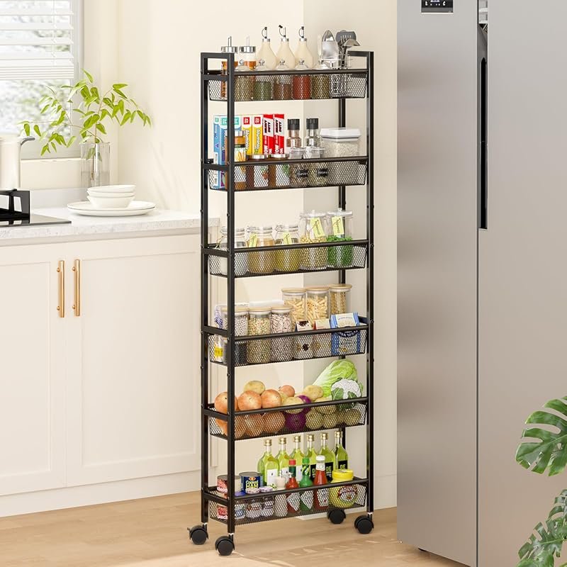 ThreeHio 6 Tier Slim Storage Cart with Wheels - Metal Shelving Unit fo