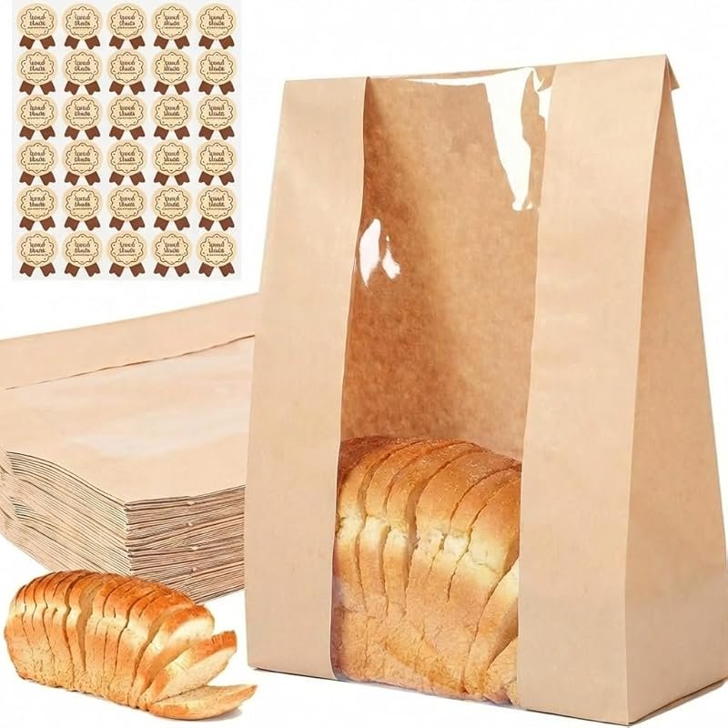 30-Pack Bread Paper Bags with Window 13.7x8.3x3.5 Inches and 30 Seal Stickers