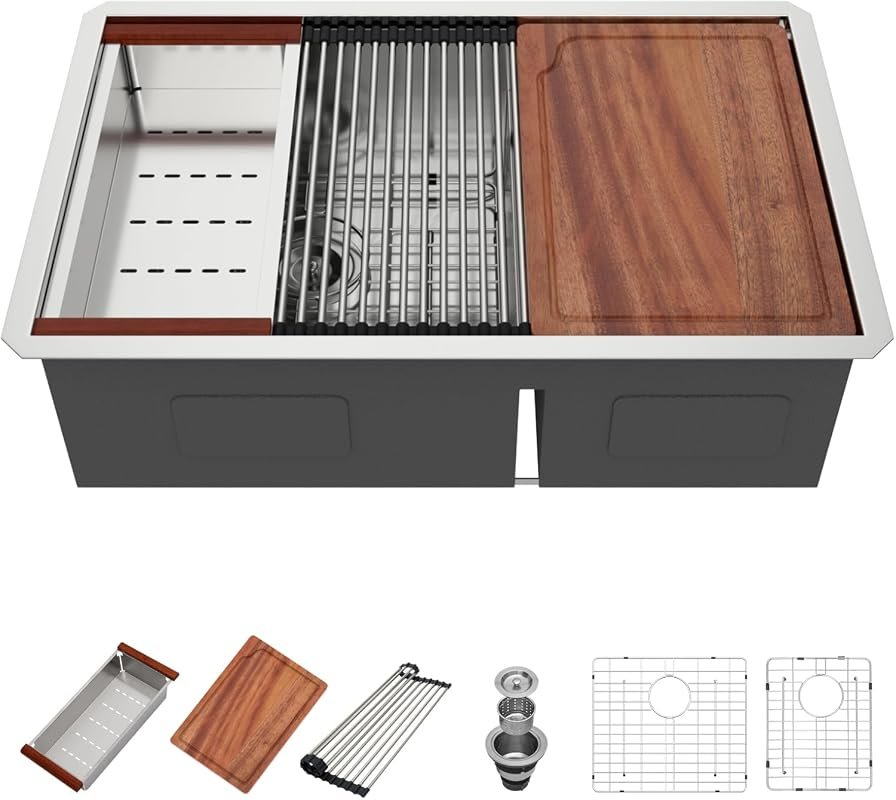 30-Inch Undermount Double Bowl Kitchen Sink, 30x19 Workstation 16 Gaug