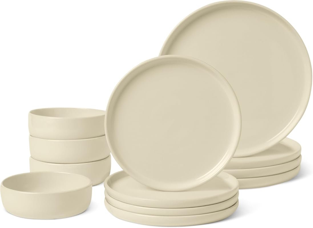 Amazon Basics 12-Piece Glazed Stoneware Dinnerware Set – Ceramic, Dish