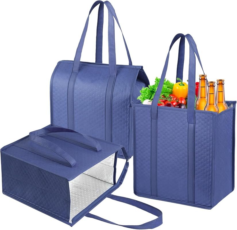 Insulated Grocery Bags with Zippered Top - Frozen Food Shopping Tote,