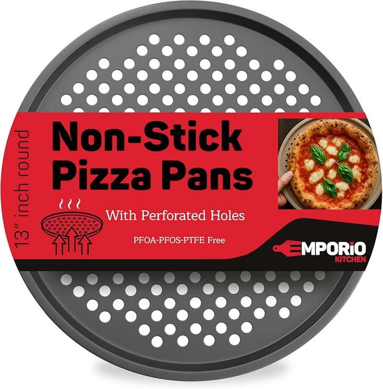 13-Inch Non-Stick Round Carbon Steel Perforated Pizza Pan, PFOA PFOS P