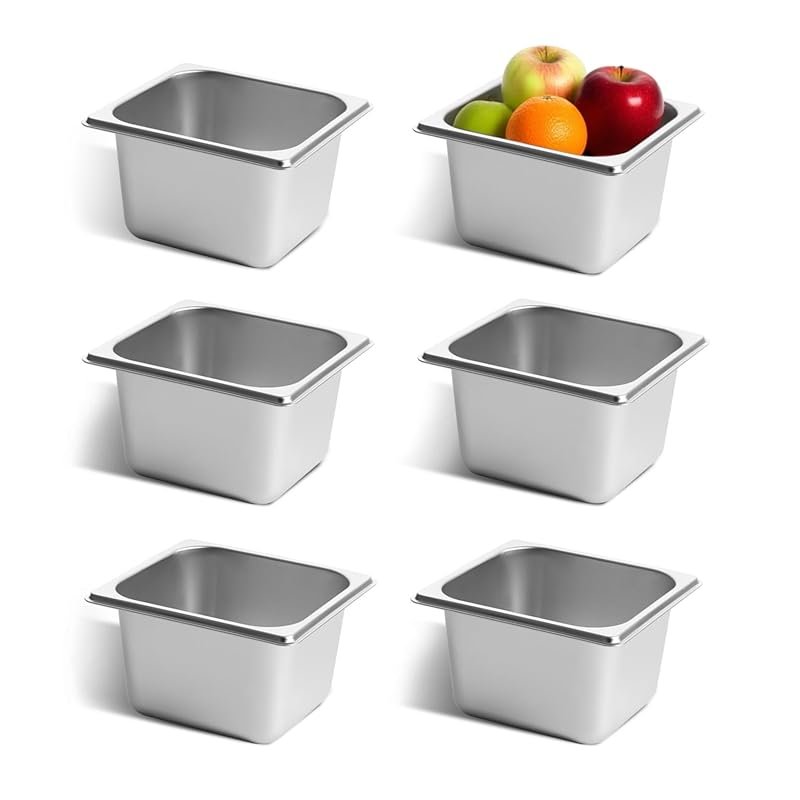 GOLDEN KEY 6 Pack 1/6 Size 4-Inch Deep Stainless Steel Hotel Pans with