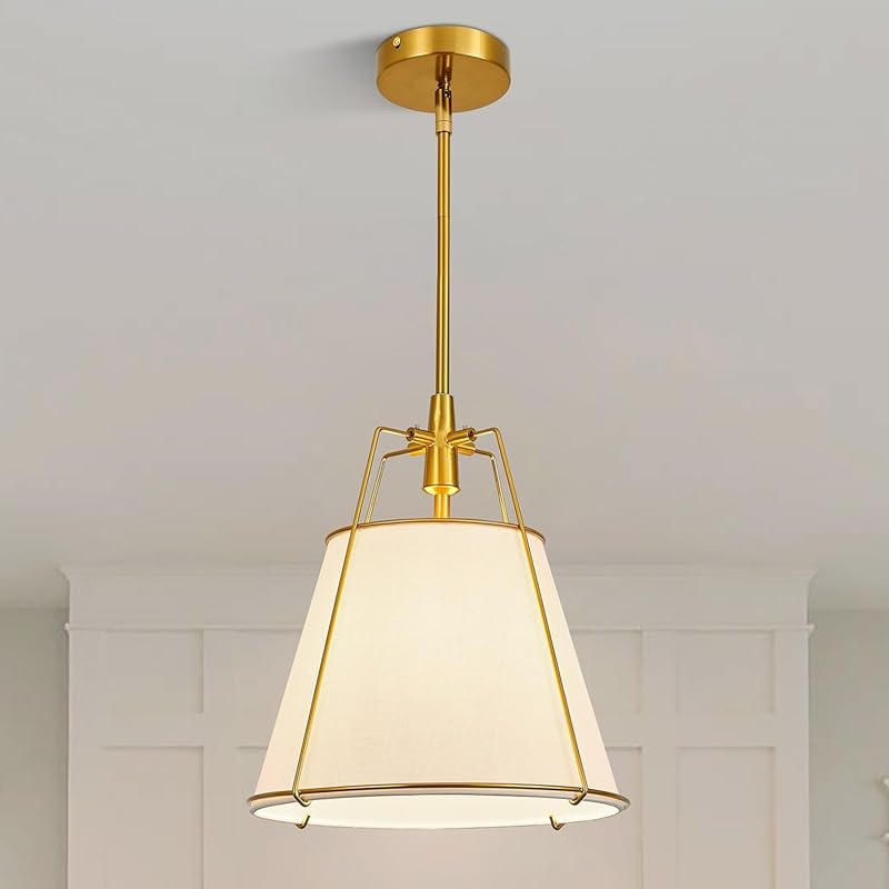 Modern Gold Vintage Drum Pendant Light with 13-Inch Off-White Linen Fa