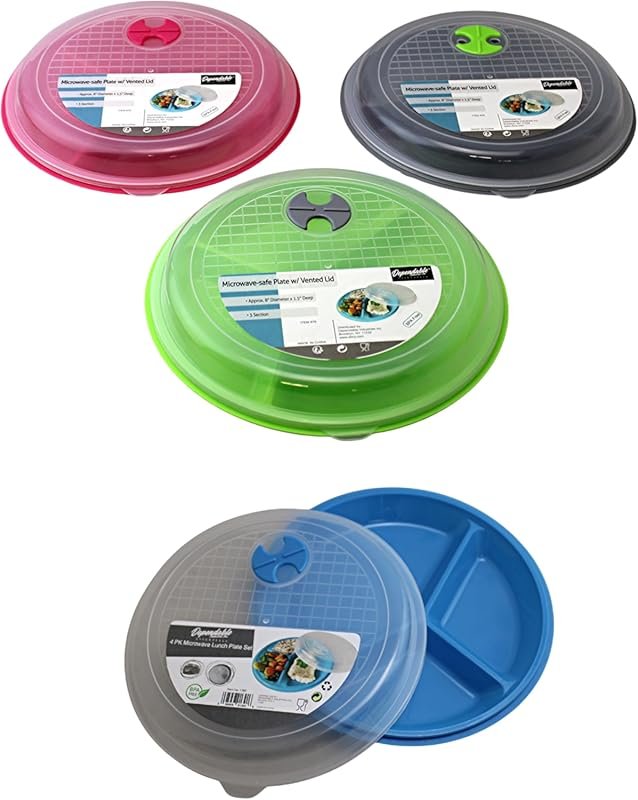 4-Pack Divided Microwave Plates with Vented Lids - BPA-Free, 3 Section