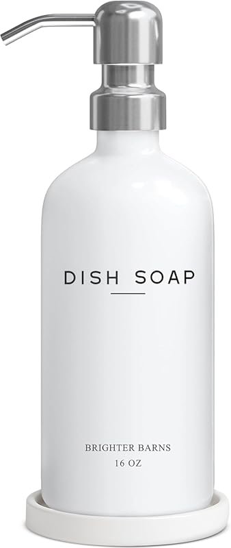Brighter Barns White Glass Dish Soap Dispenser for Kitchen Sink, Refil