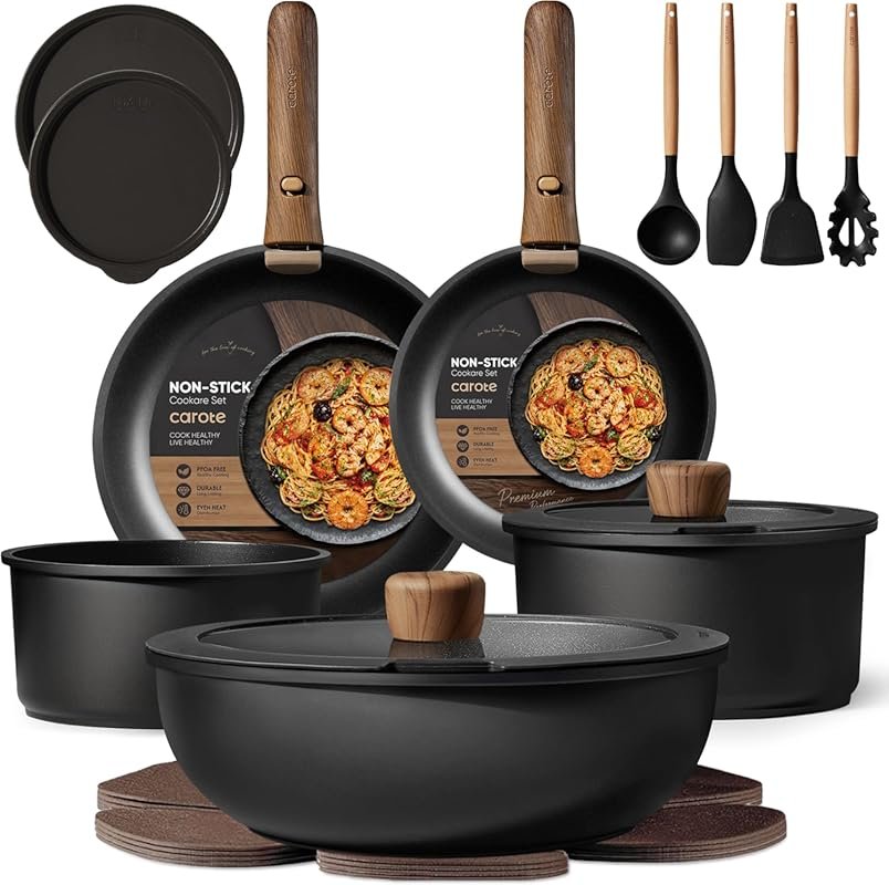 CAROTE 19-Piece Nonstick Pots and Pans Set with Detachable Handles, In