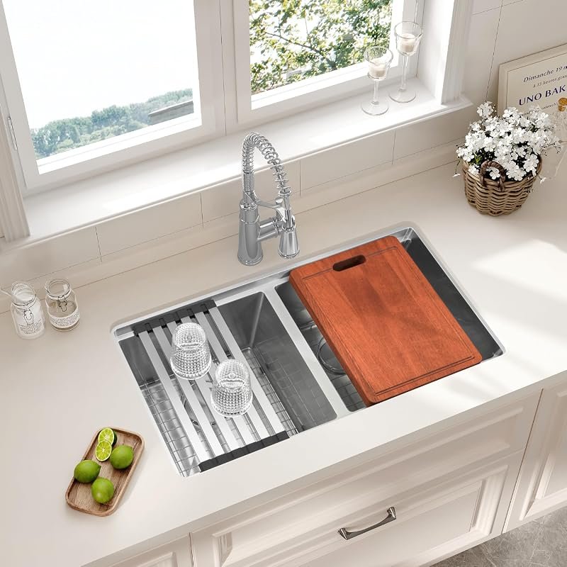 LQS 30 Inch Undermount Double Bowl Sink, 16 Gauge Stainless Steel with