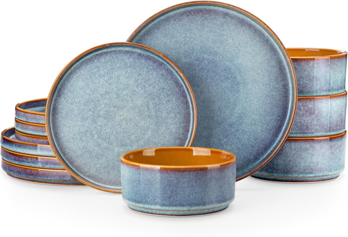 vancasso 12-Piece Stoneware Dinner Set – Reactive Glaze Plates and Bow