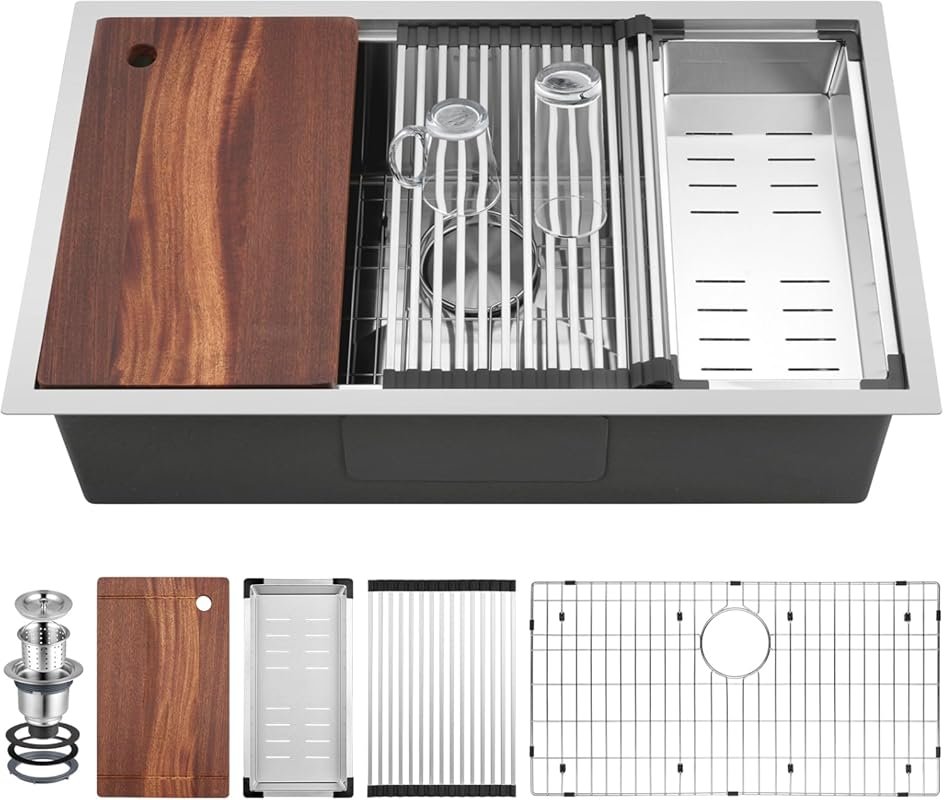 33 Inch Undermount Kitchen Sink Workstation, Stainless Steel Single Bo