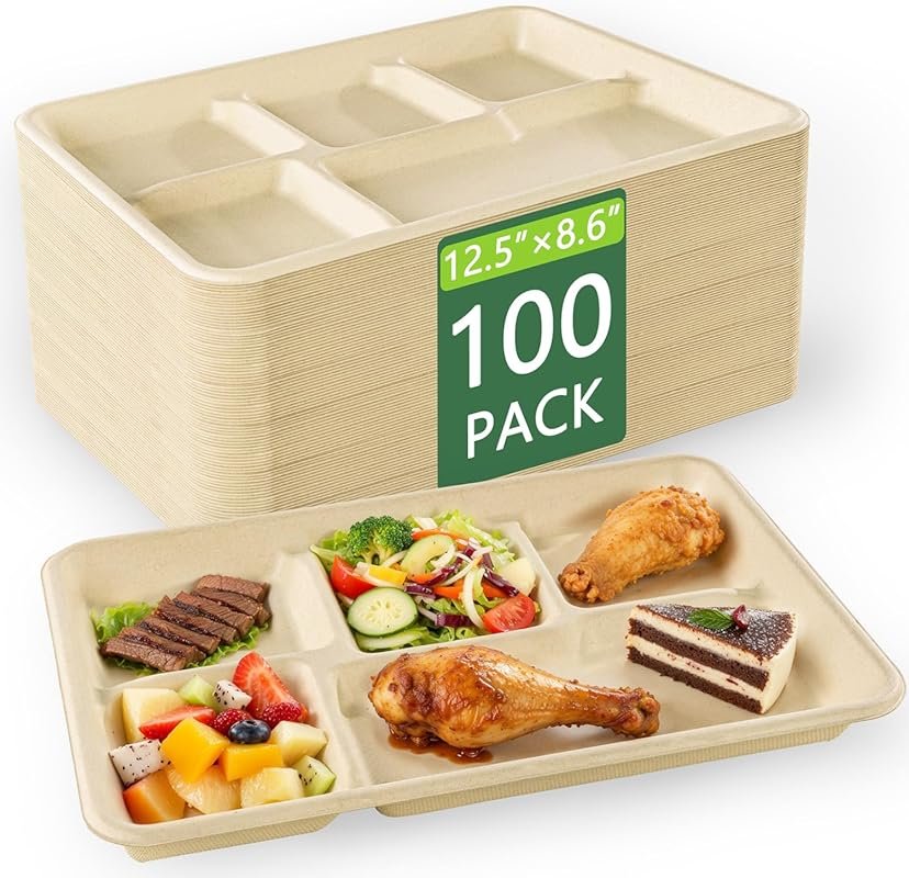 WELLIFE Compostable 5 Compartment Paper Plates 100 Pack 12.5x8.6 Inch 