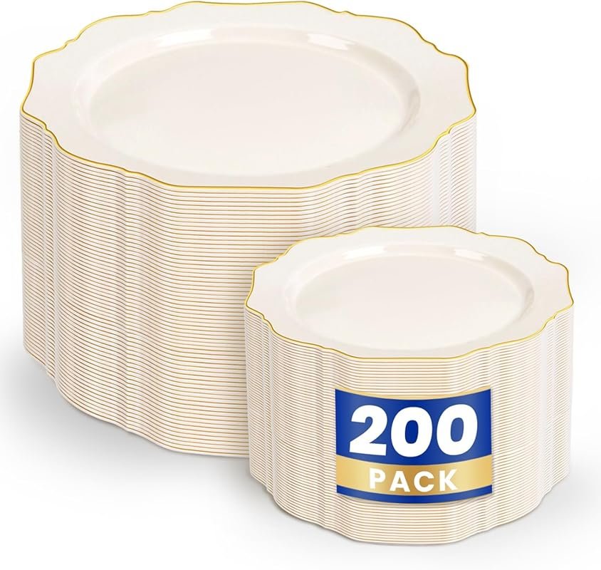 WDF 200-Piece Ivory Plastic Plates with Gold Rim, Heavy Duty Cream Disposable