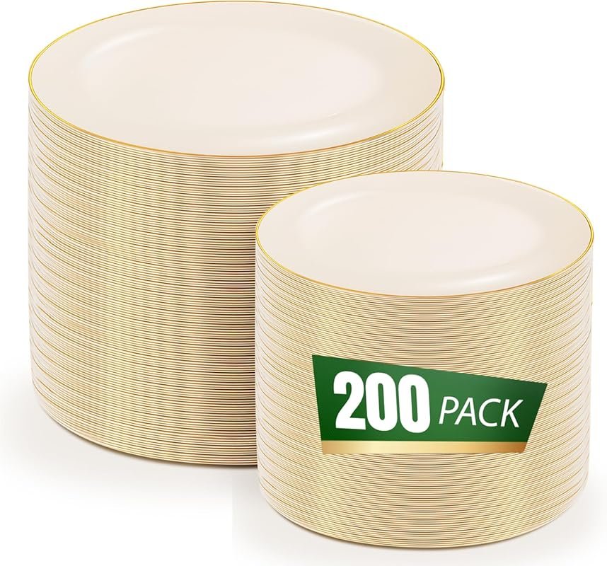 bUCLA 200-Piece Ivory Plastic Plates with Gold Rim, Heavy Duty Cream