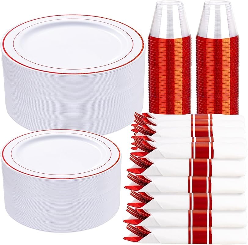 WELLIFE 700-Piece Red Plastic Dinnerware Set – 100 Dinner Plates, Dess