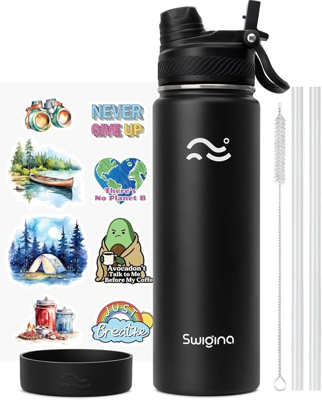 Swigina 24 oz Insulated Bottle, 2-in-1 Lid, Silicone Boot, Keeps Cold