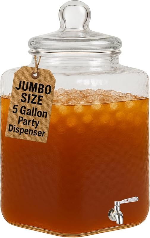 Extra Large 5-Gallon Glass Beverage Dispenser with Stainless Steel Spigot for Parties, Weddings, Home