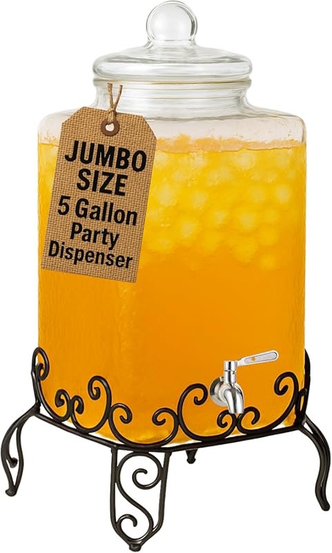 Extra Large 5-Gallon Glass Drink Dispenser with Stand and Stainless Steel Spigot for Events, Parties