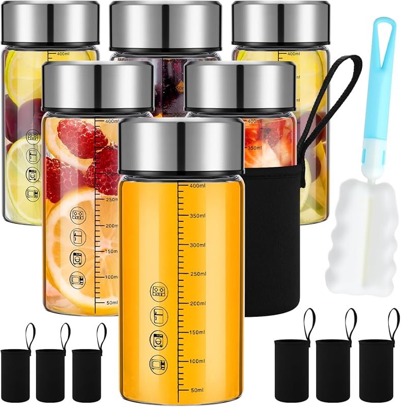 Vesici 6 Pack 12 oz Wide Mouth Glass Juice Bottles with Lids and Sleev