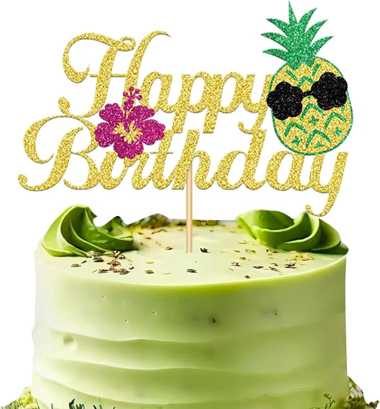 Pineapple Happy Birthday Cake Topper - Gold Glitter Tropical Summer De
