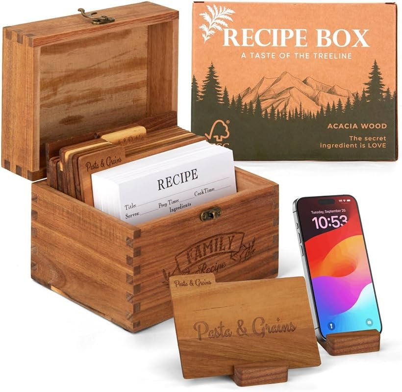 NOFEO Premium Acacia Recipe Box with 100 Double-Sided Cards, Phone Sta