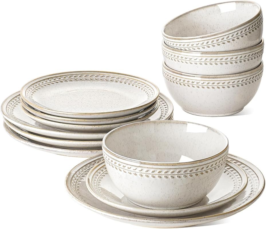 LE TAUCI 12-Piece Dinnerware Set for 4, Ceramic Plates and Bowls, Chip