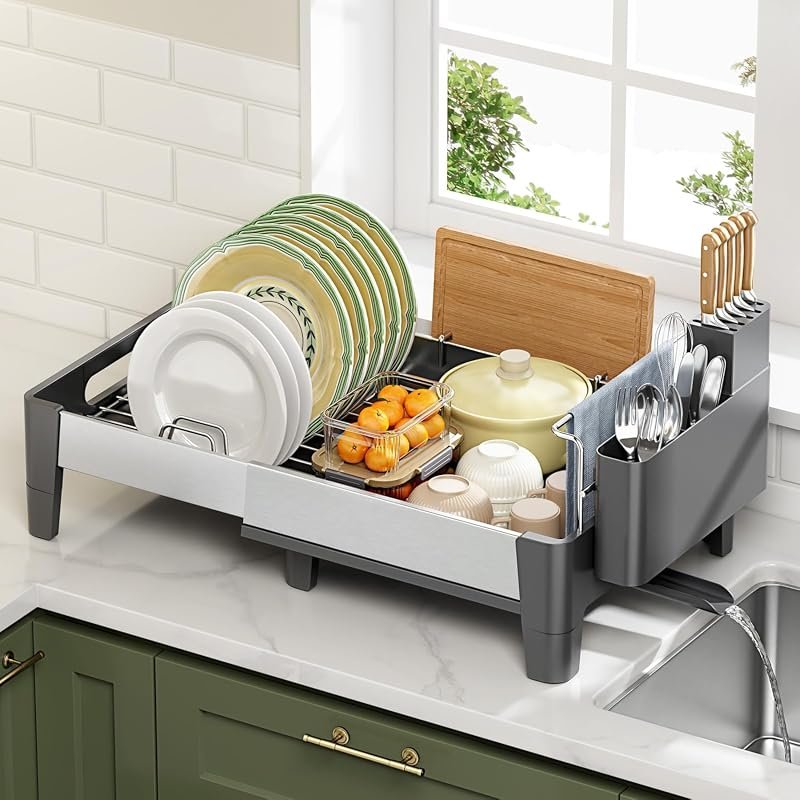 Urackify Expandable Stainless Steel Dish Drying Rack with Aluminum Fra