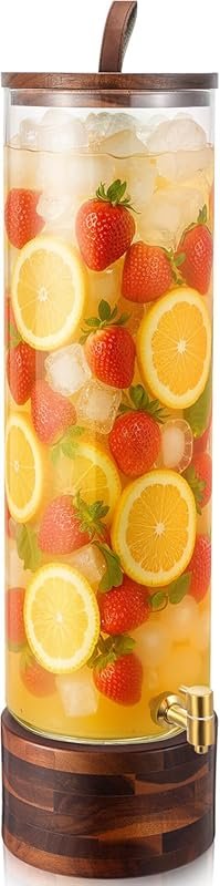 FillTouch 5-Gal Glass Drink Dispenser with Acacia Wood Stand & Lid, Stainless Steel Spigot, Leak-Proof