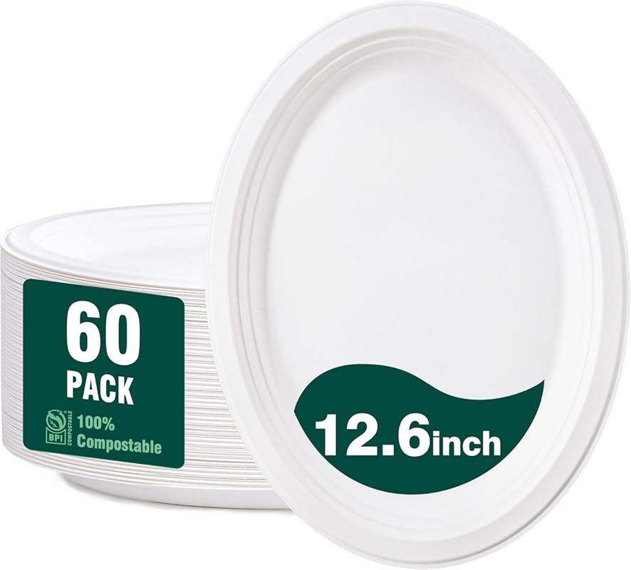 DaYammi 100% Compostable Oval Paper Plates 12 Inch 60-Pack, Heavy Duty