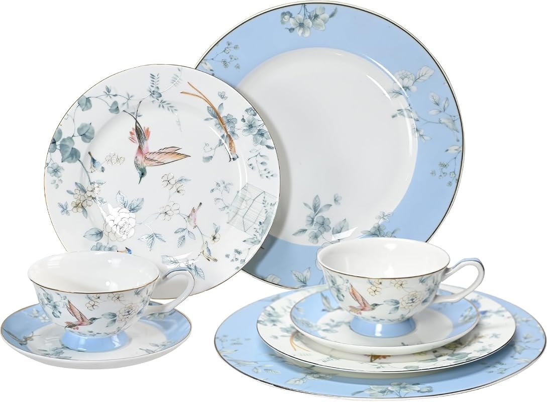 8-Piece Bone China Dinnerware Set for 2 - Vintage Floral Design Plates
