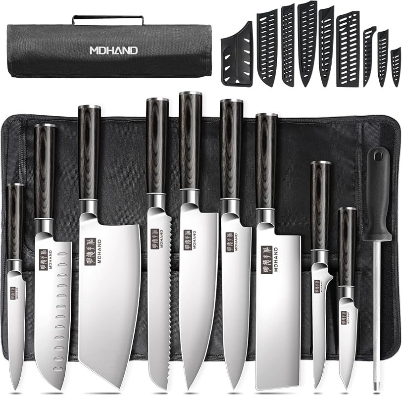 MDHAND 10-Piece Professional Chef Knife Set with Roll Bag and Sharpener, High Carbon Stainless Steel, Black Pakkawood
