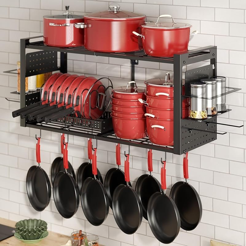 31 Inch Pot Rack Wall Mounted, 3 in 1 Pots and Pans Organizer with 2 T
