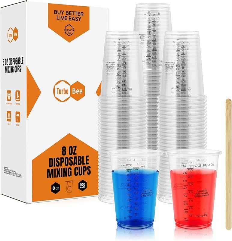 Turbo Bee 100-Pack 8oz Disposable Plastic Measuring Cups with 100 Mixi