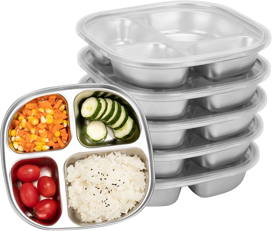 5-Pack Stainless Steel Divided Plates with Lids - BPA-Free Non-Toxic, 