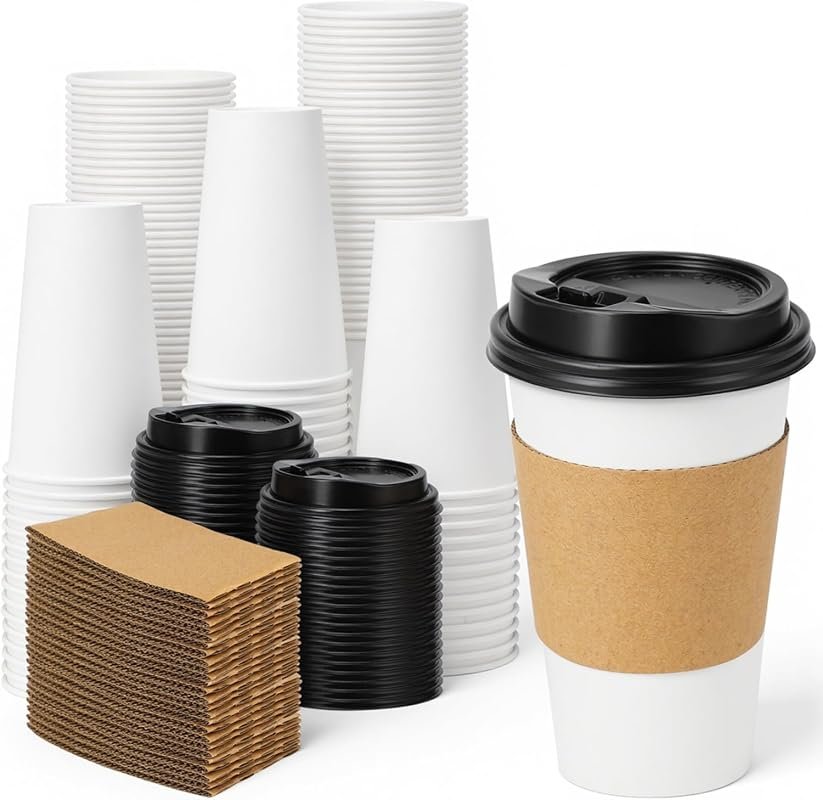 Lamosi 100-Pack 16 oz Disposable Coffee Cups with Lids and Sleeves, Le