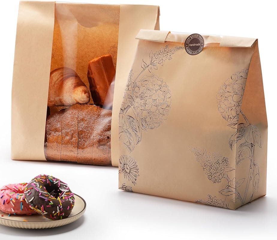 24 Pack 50% Thicker Kraft Paper Bread Bags with Clear Window, Includes Stickers