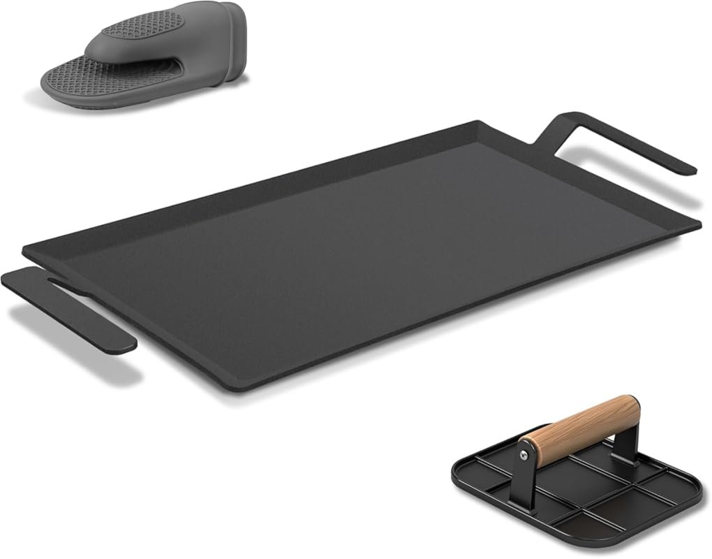 Universal Carbon Steel Griddle with Grill Press, Double Burner for Gas