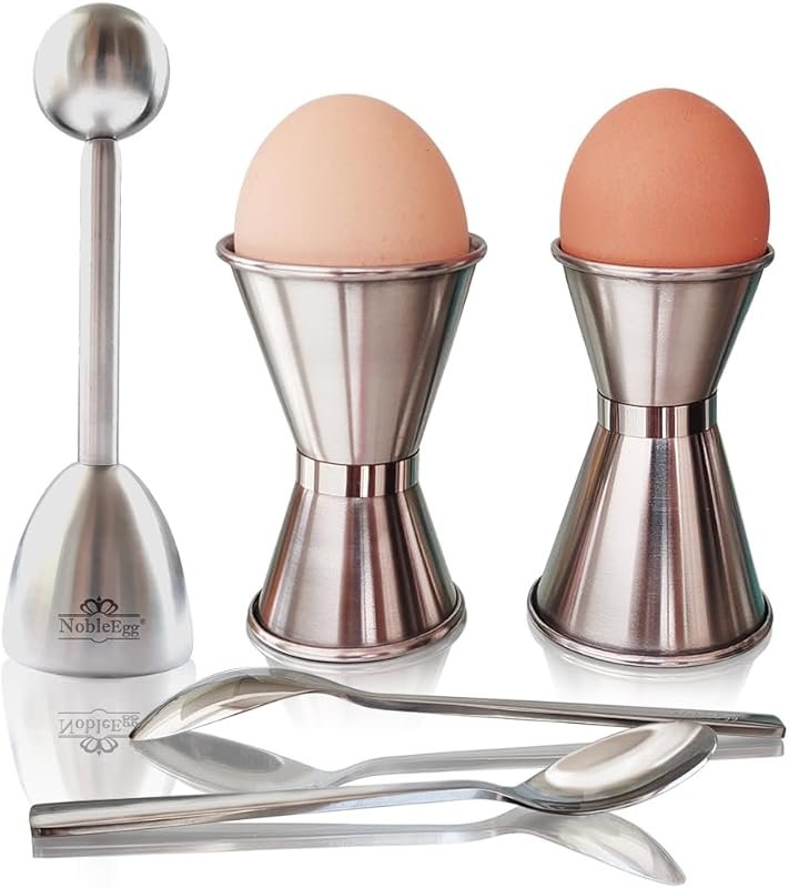NobleEgg Egg Cups Set for 2 – with Topper & Spoons, 18/8 Steel, Fits A